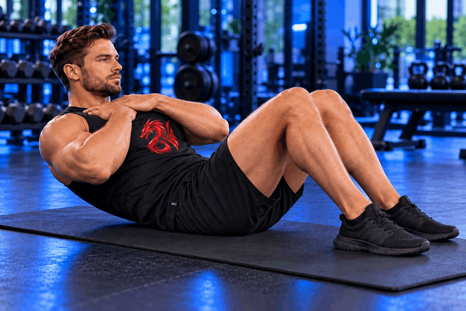 Muscular athlete performing bodyweight abdominal crunches on an exercise mat in a modern gym with Royal Blue lighting – Drachensang Academy International.