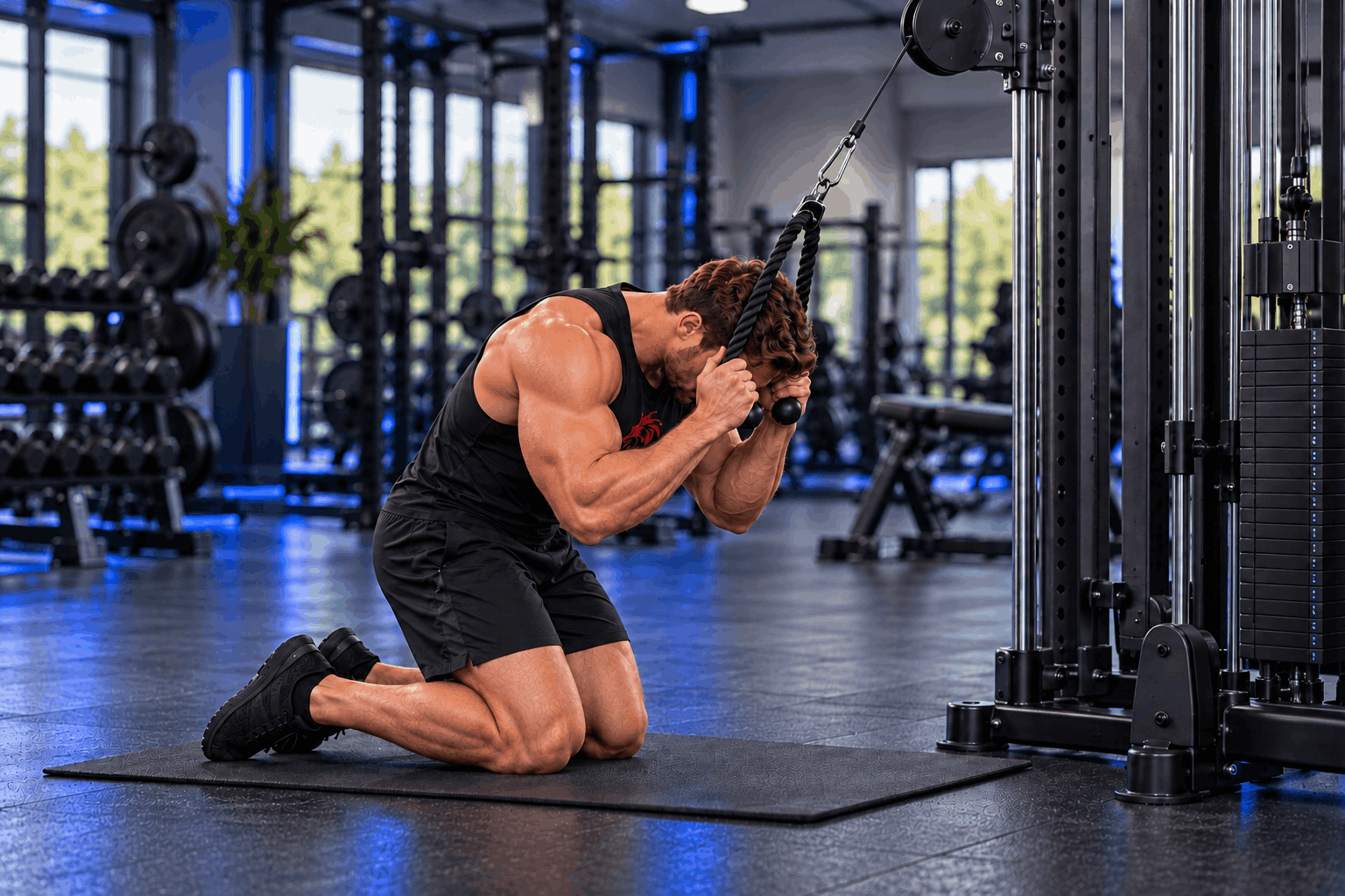 Muscular athlete performing kneeling cable crunches with a rope attachment in a modern gym with Royal Blue lighting – Drachensang Academy International.