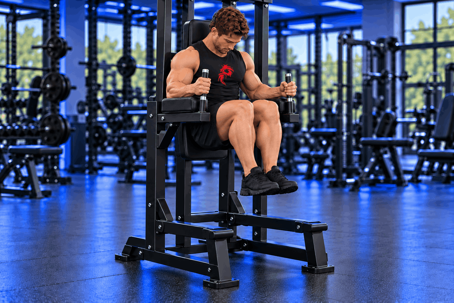 Muscular athlete performing supported knee raises on a captain's chair in a modern gym with Royal Blue lighting – Drachensang Academy International.