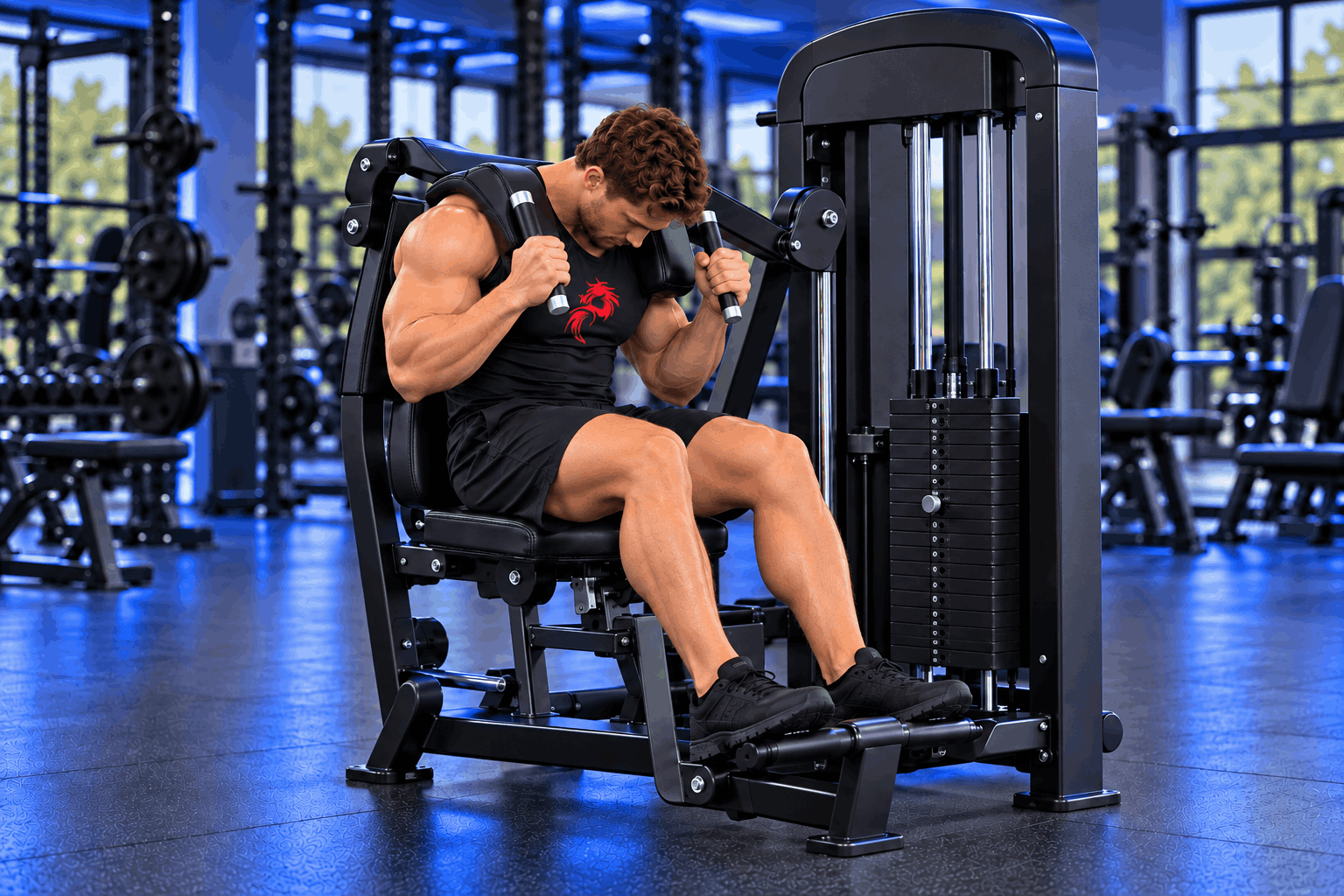 Muscular athlete performing seated abdominal crunches on a machine in a modern gym with Royal Blue lighting – Drachensang Academy International.