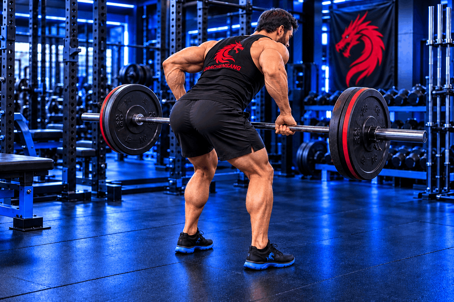 Muscular athlete performing a bent-over barbell row in a modern gym with Royal Blue lighting – back training at Drachensang Academy International.