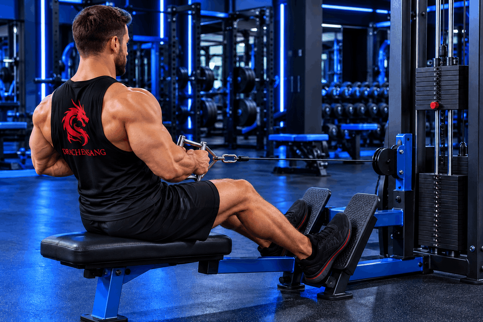 Muscular athlete performing a seated cable row with a close-grip handle in a modern gym – cable back exercises at Drachensang Academy International.