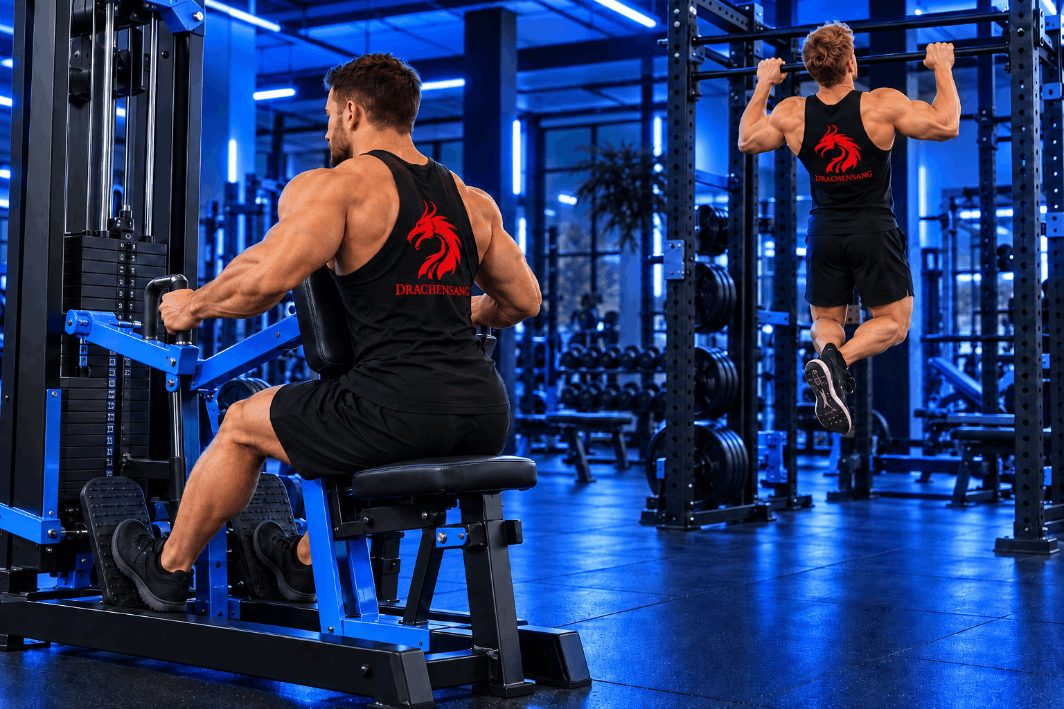 Muscular athletes performing a seated rowing machine exercise and pull-ups in a modern gym – back training with machines and bodyweight at Drachensang Academy International.