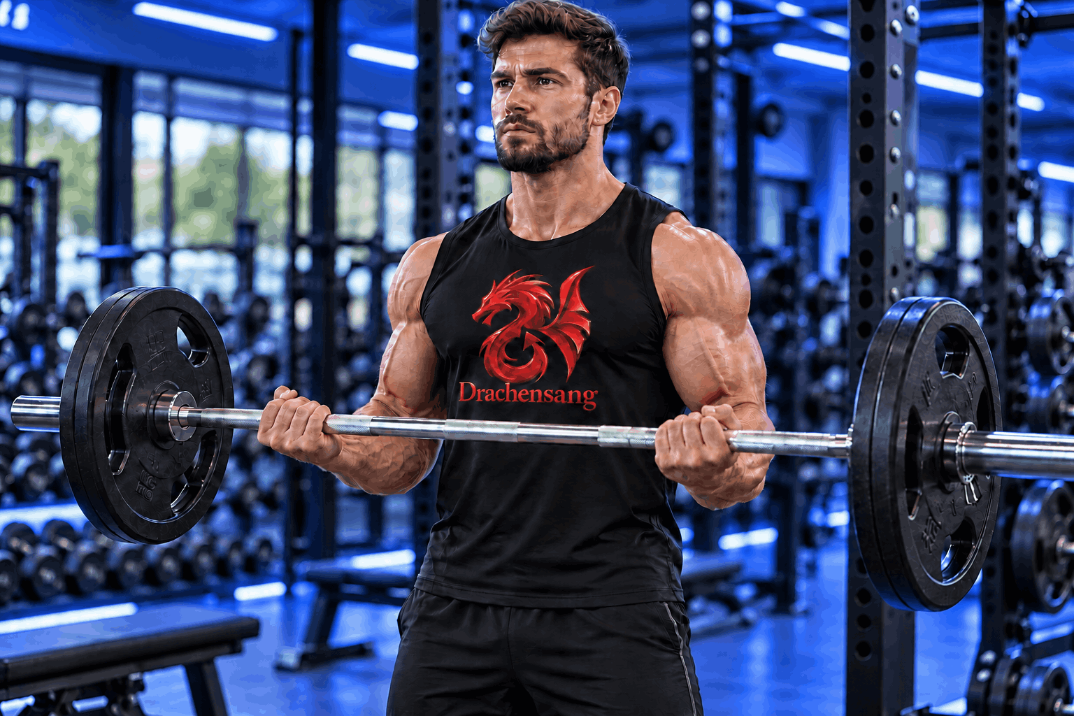 Muscular athlete performing standing barbell biceps curls in a modern gym with Royal Blue lighting – biceps training at Drachensang Academy International.