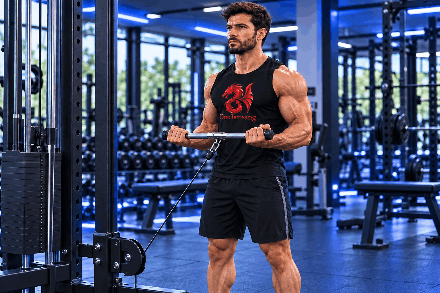 Muscular athlete performing standing cable biceps curls with a straight bar in a modern gym with Royal Blue lighting – Drachensang Academy International.