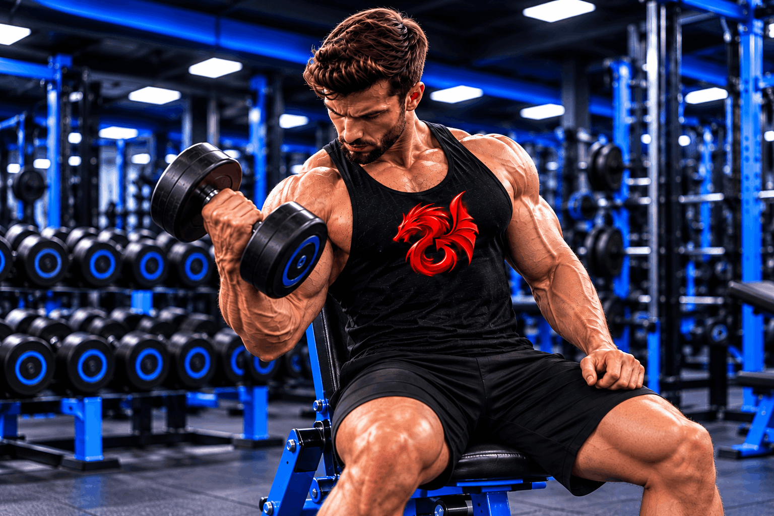 Muscular athlete performing a seated dumbbell biceps curl in a modern gym with Royal Blue lighting – biceps training at Drachensang Academy International.