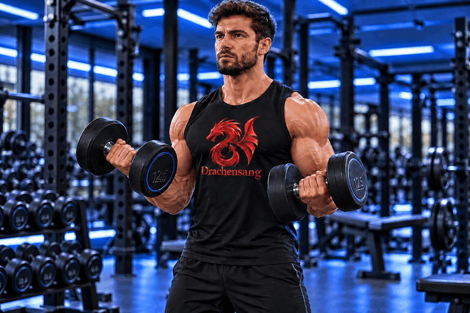 Muscular athlete performing standing dumbbell biceps curls in a modern gym with Royal Blue lighting – biceps training at Drachensang Academy International.