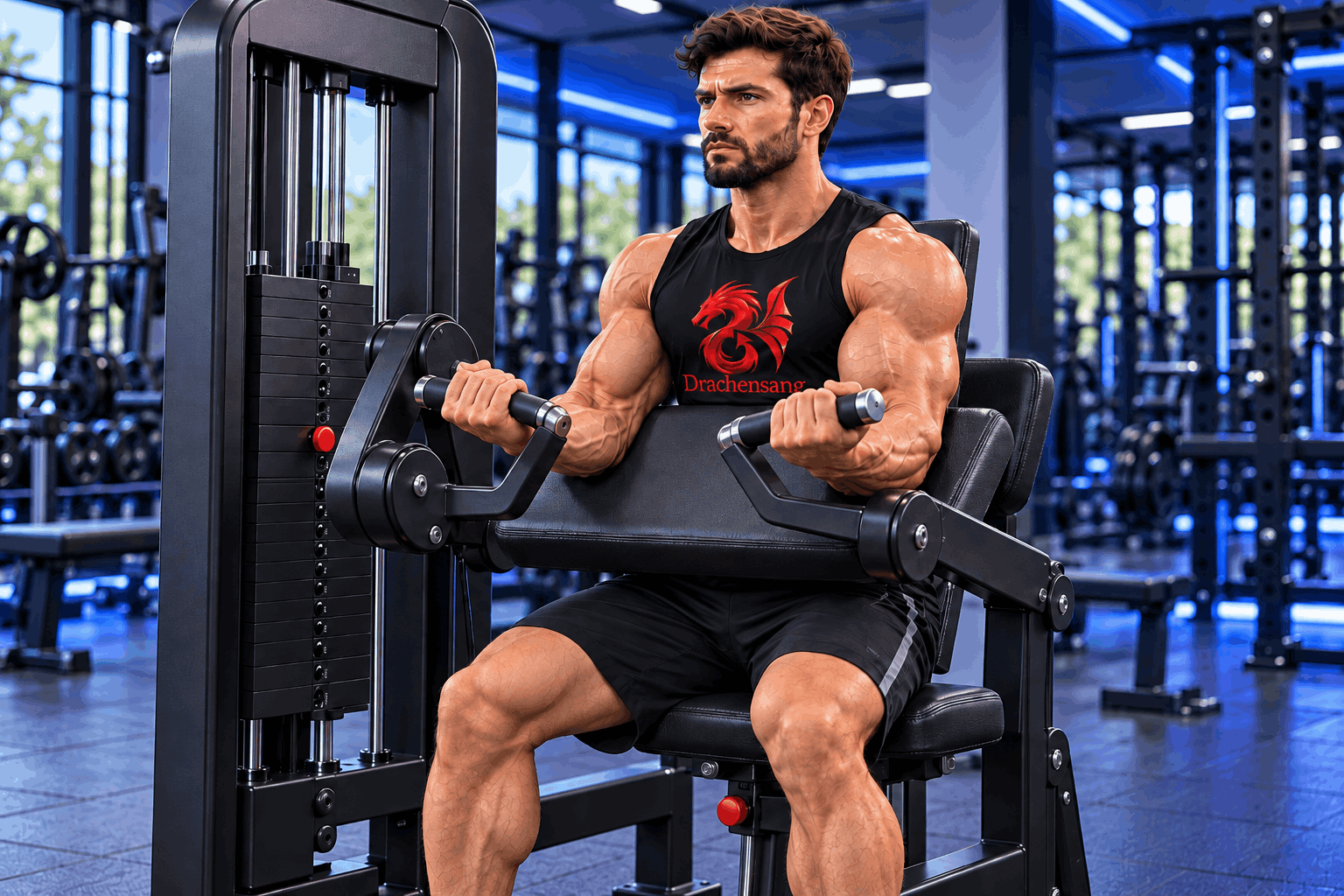 Muscular athlete performing seated biceps curls on a preacher curl machine in a modern gym with Royal Blue lighting – Drachensang Academy International.