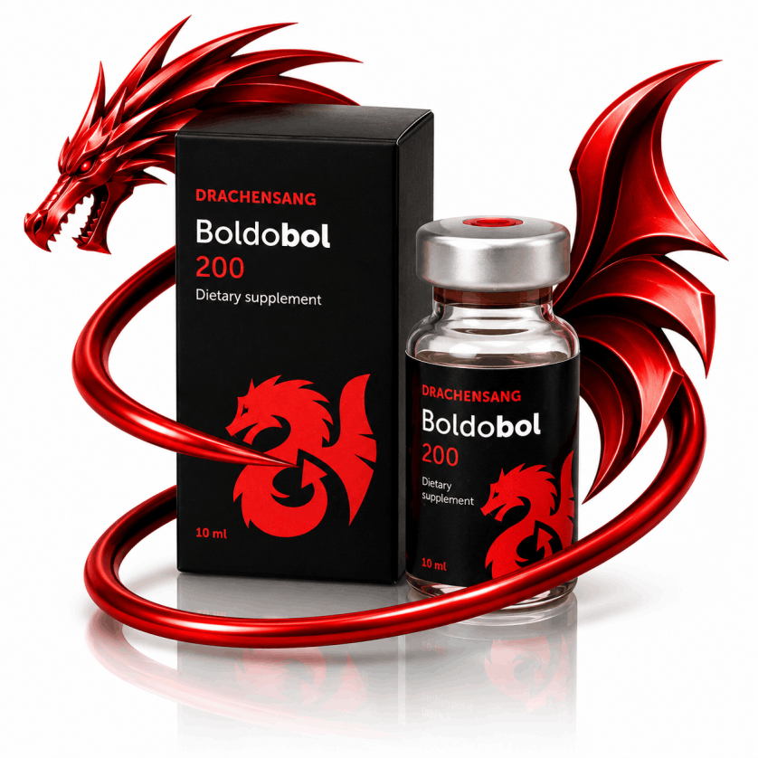 Boldobol 200 premium supplement container from Drachensang with a red dragon logo – Advanced formula with organic co-factors and essential minerals for targeted sports nutrition evaluation