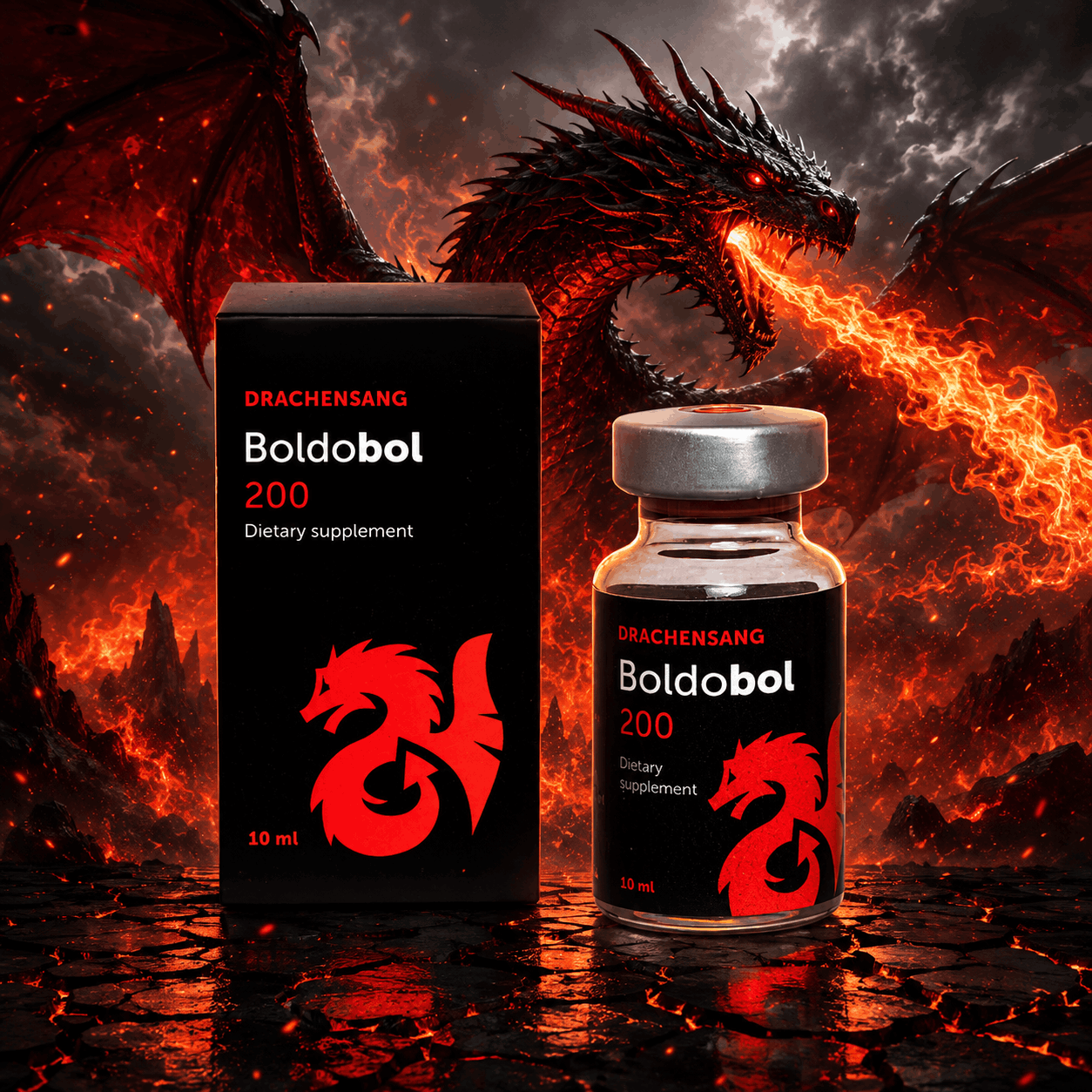 Boldobol 200 premium supplement container from Drachensang with a red dragon logo – Advanced formula with organic co-factors and essential minerals for targeted sports nutrition evaluation
