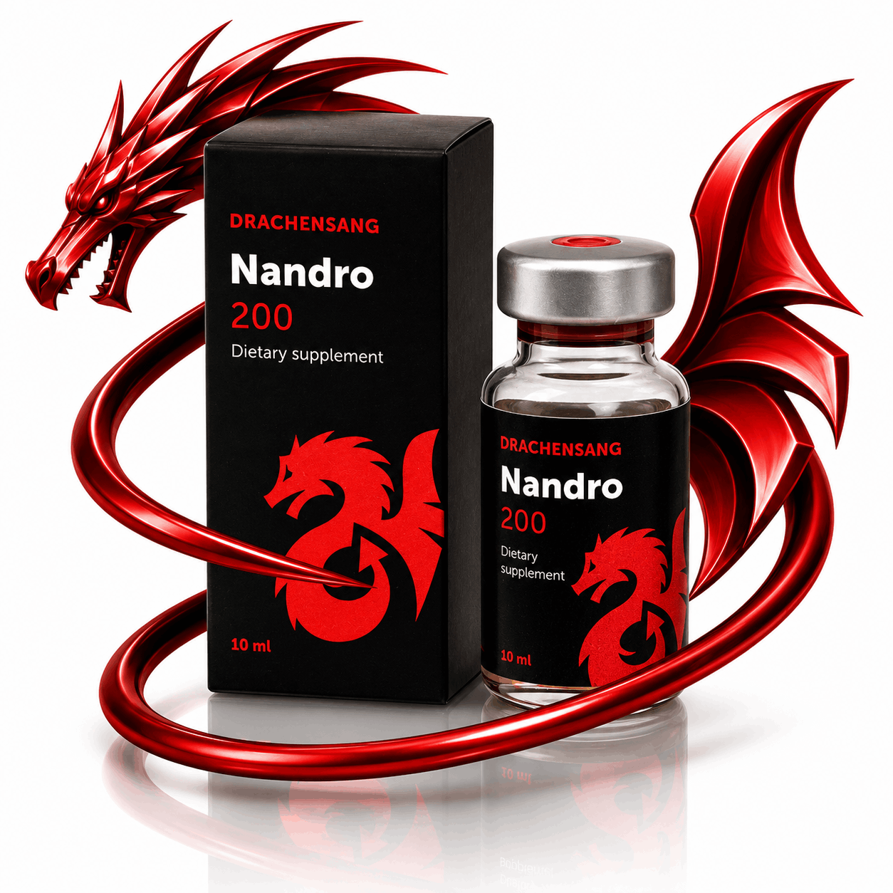 Nandro 200 premium supplement container from Drachensang with a red dragon logo – High-purity formula with specific mineral complexes and herbal activators for targeted sports nutrition evaluation