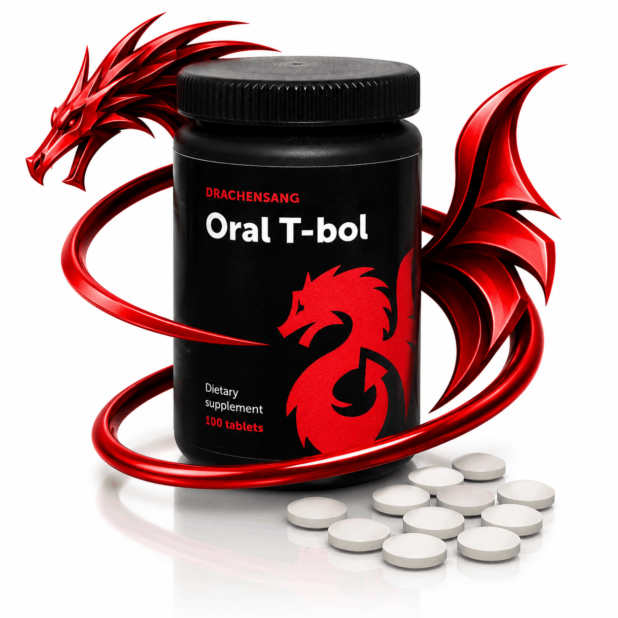 Oral T-Bol premium supplement container from Drachensang with a red dragon logo – Plant extract compound with calcium and amino co-factors for targeted sports nutrition evaluation