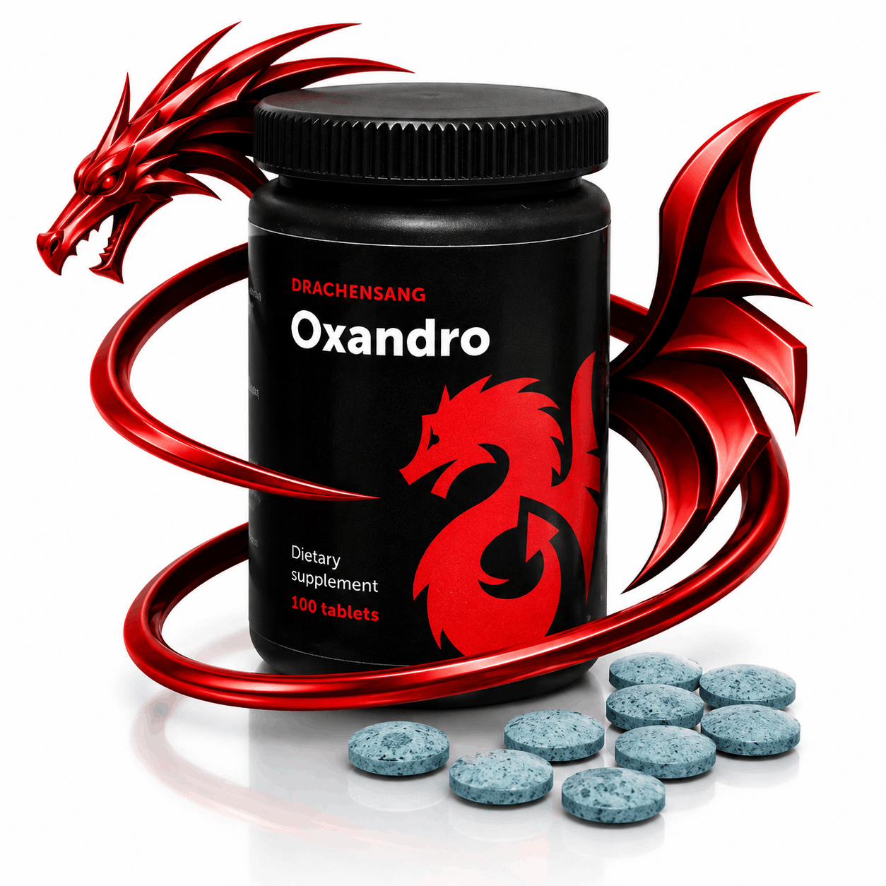Oxandro premium supplement container from Drachensang with a red dragon logo – Advanced formula with essential minerals and herbal complexes for professional sports nutrition evaluation