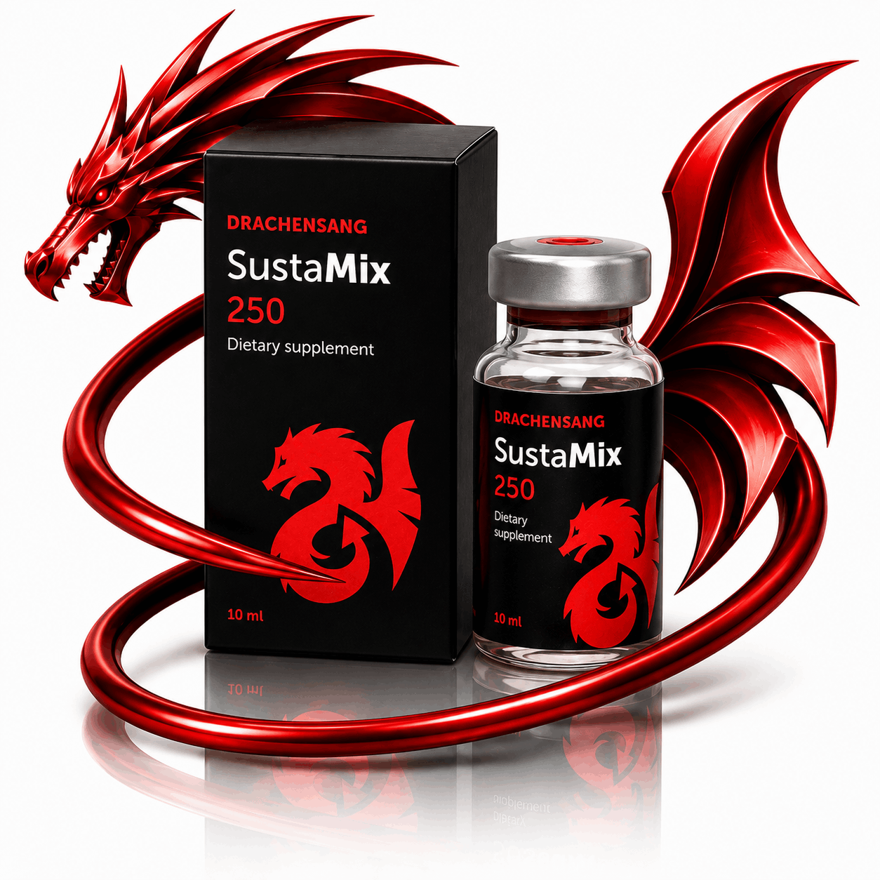 Susta Mix 250 premium supplement container from Drachensang with a red dragon logo – Advanced multi-component fluid formula with trace minerals and activators for targeted sports nutrition evaluation