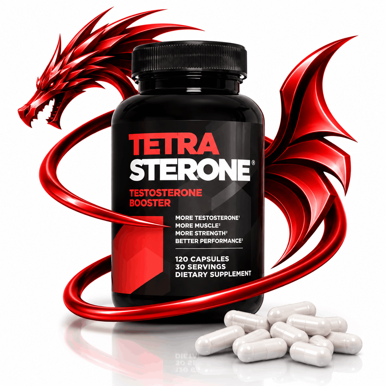 Tetrasterone premium supplement container from Drachensang with a red dragon logo – Advanced 4-ester capsule formula with vital minerals and co-factors for professional sports nutrition evaluation