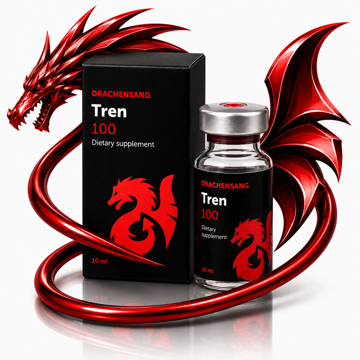 Tren 100 premium supplement container from Drachensang with a red dragon logo – High-purity fluid formula with specific mineral activators and co-factors for targeted sports nutrition evaluation