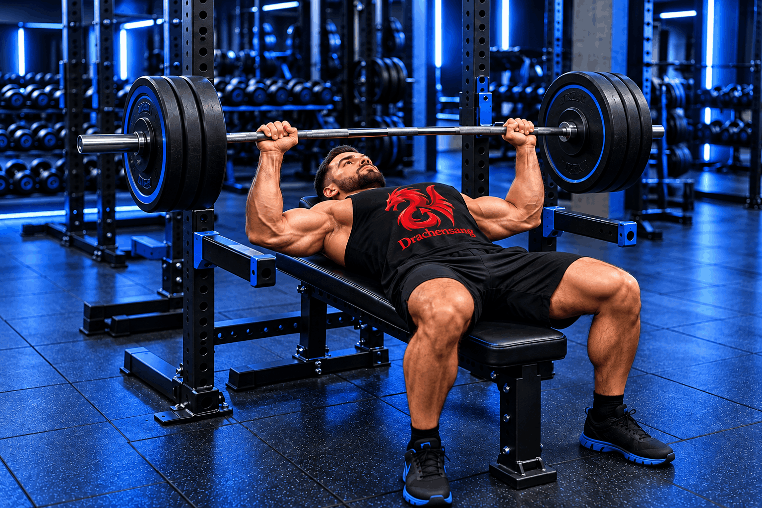 Muscular athlete performing a barbell bench press on a flat bench in a modern gym – chest training and correct technique at Drachensang Academy International.