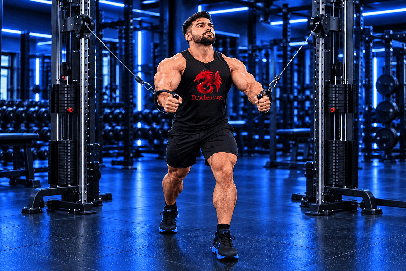 Muscular athlete performing a standing cable crossover for chest training in a modern gym – cable chest exercises at Drachensang Academy International.