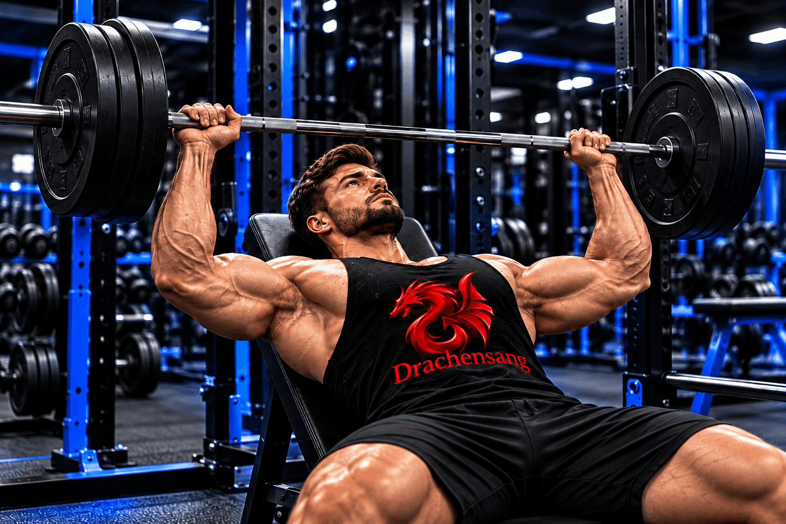 Muscular athlete performing a barbell bench press in a modern gym with Royal Blue lighting – chest exercises at Drachensang Academy International.