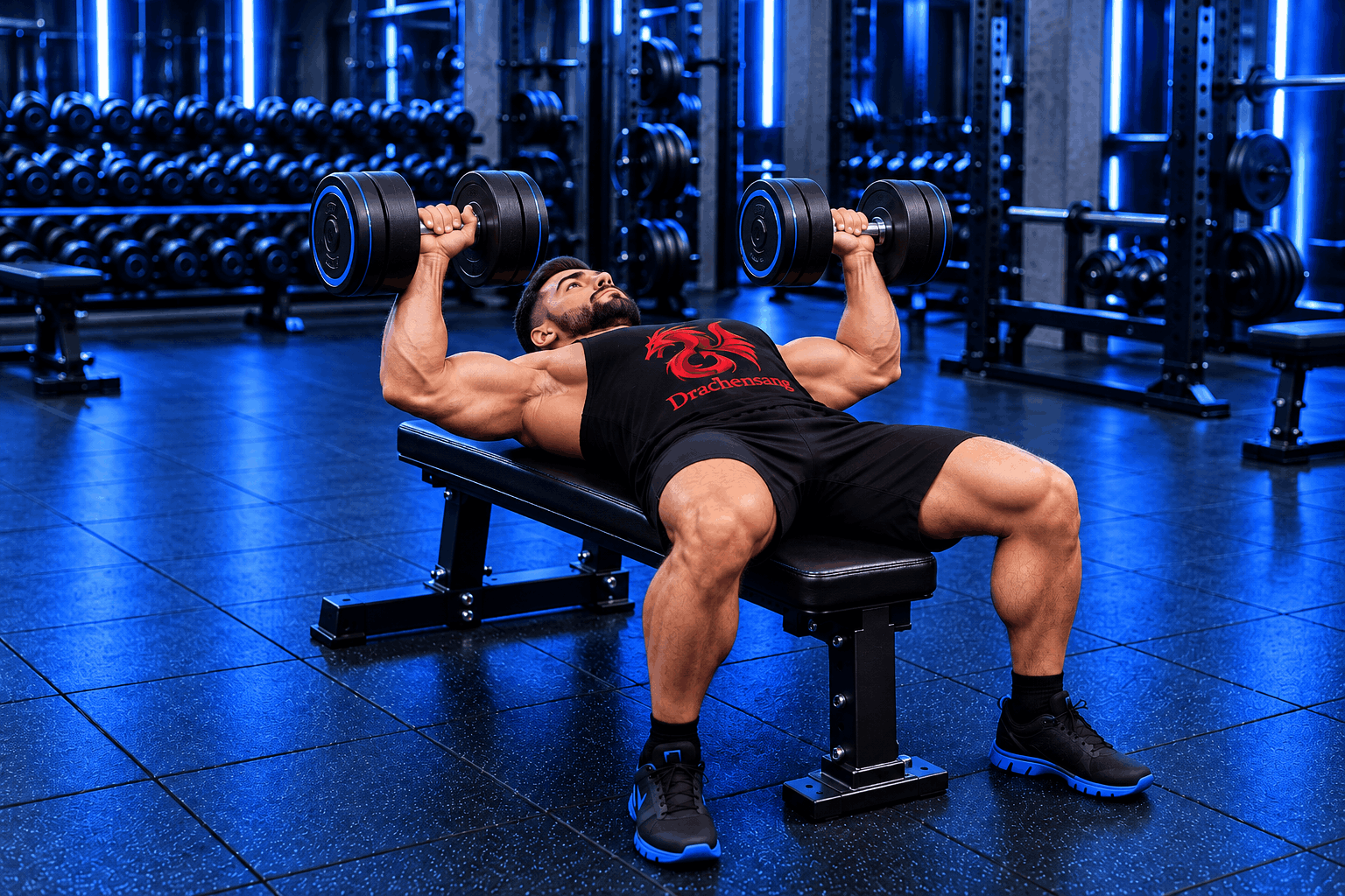 Muscular athlete performing a flat dumbbell bench press in a modern gym – chest exercises with dumbbells at Drachensang Academy International.