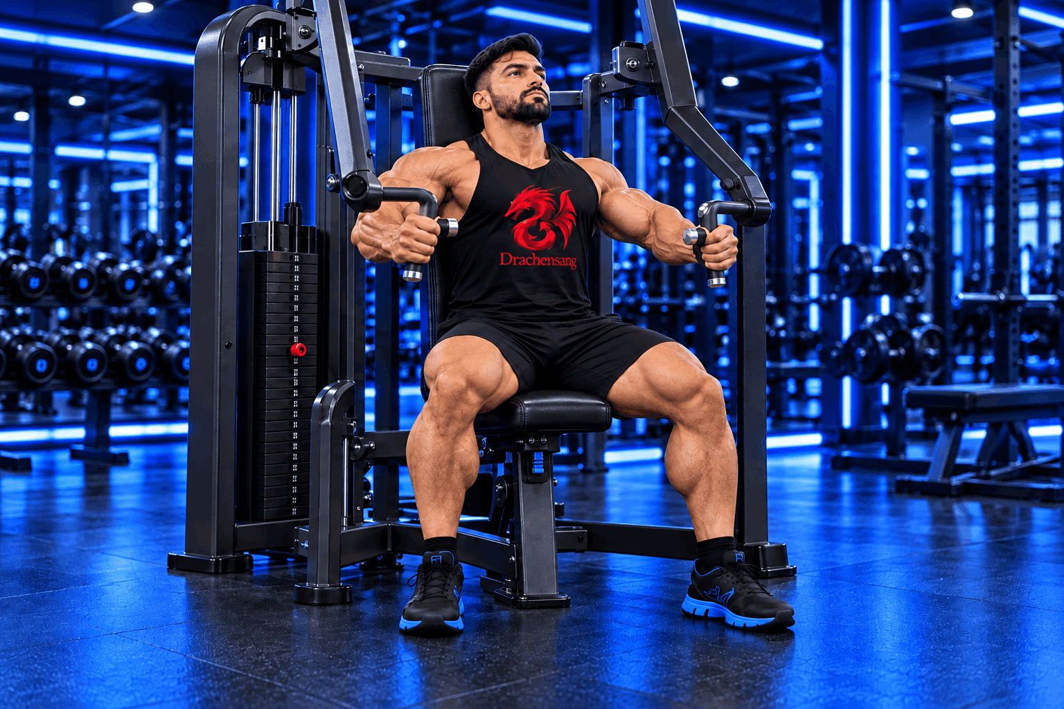 Muscular athlete performing a seated chest press on a gym machine – machine-based chest training at Drachensang Academy International.