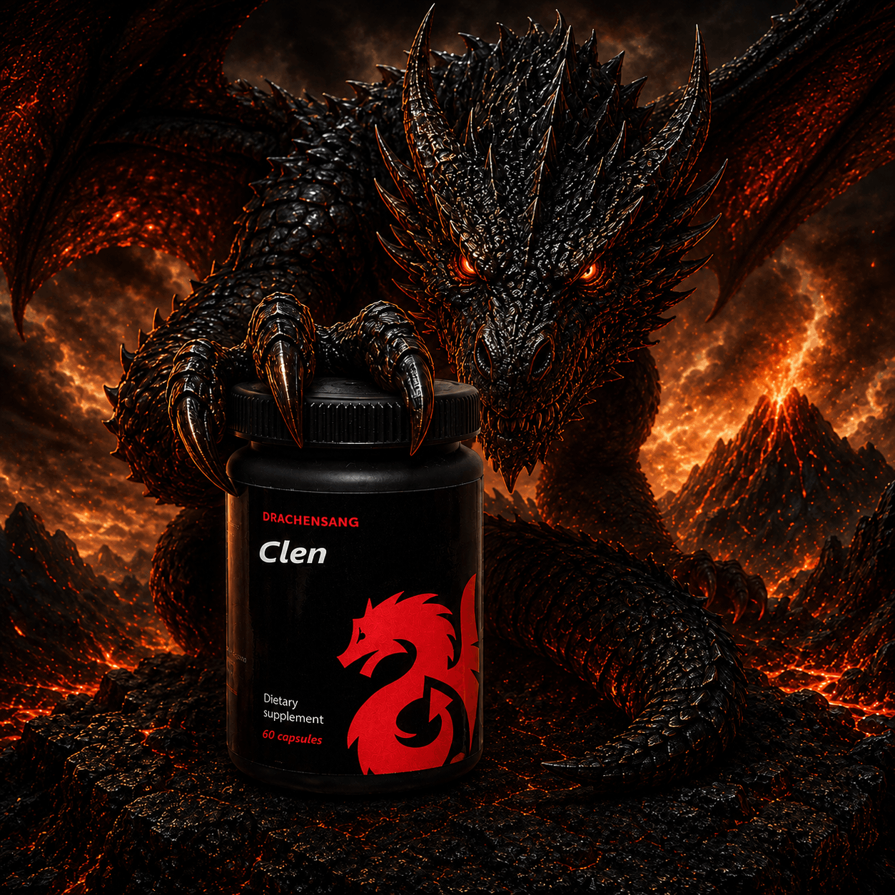 Clen premium supplement formula from Drachensang with a red dragon logo – Plant extract compound with niacin and caffeine for targeted sports nutrition evaluation