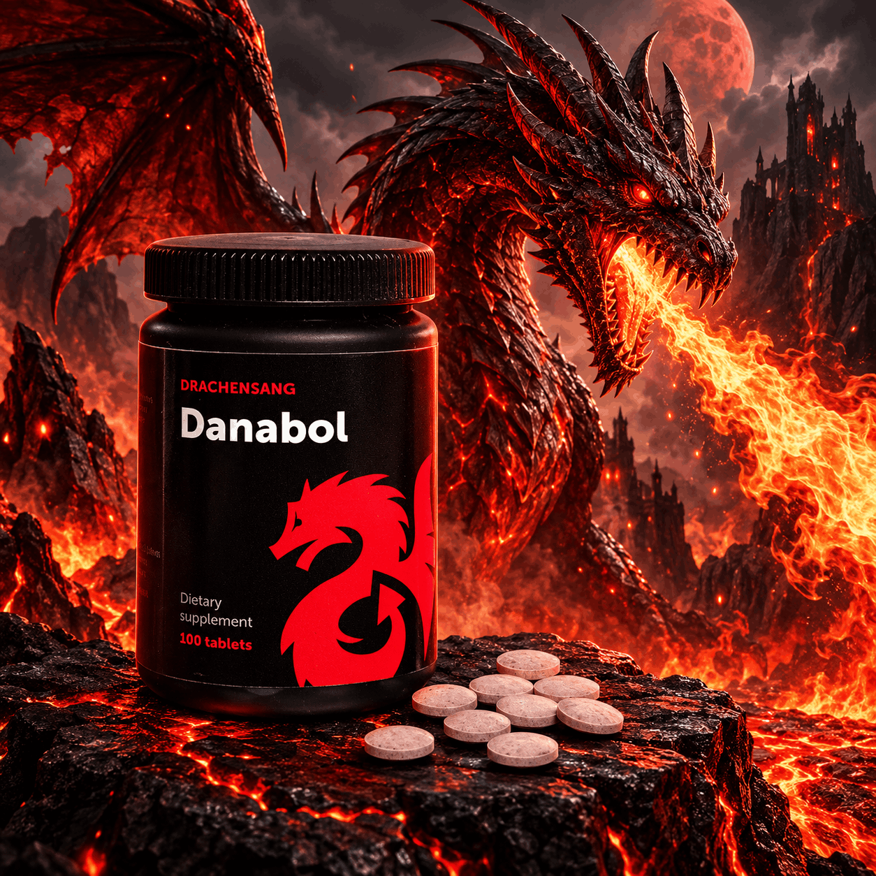 Danabol premium supplement formula from Drachensang with a red dragon logo – Advanced mass formula with zinc and herbal extracts for physiological sports science evaluation