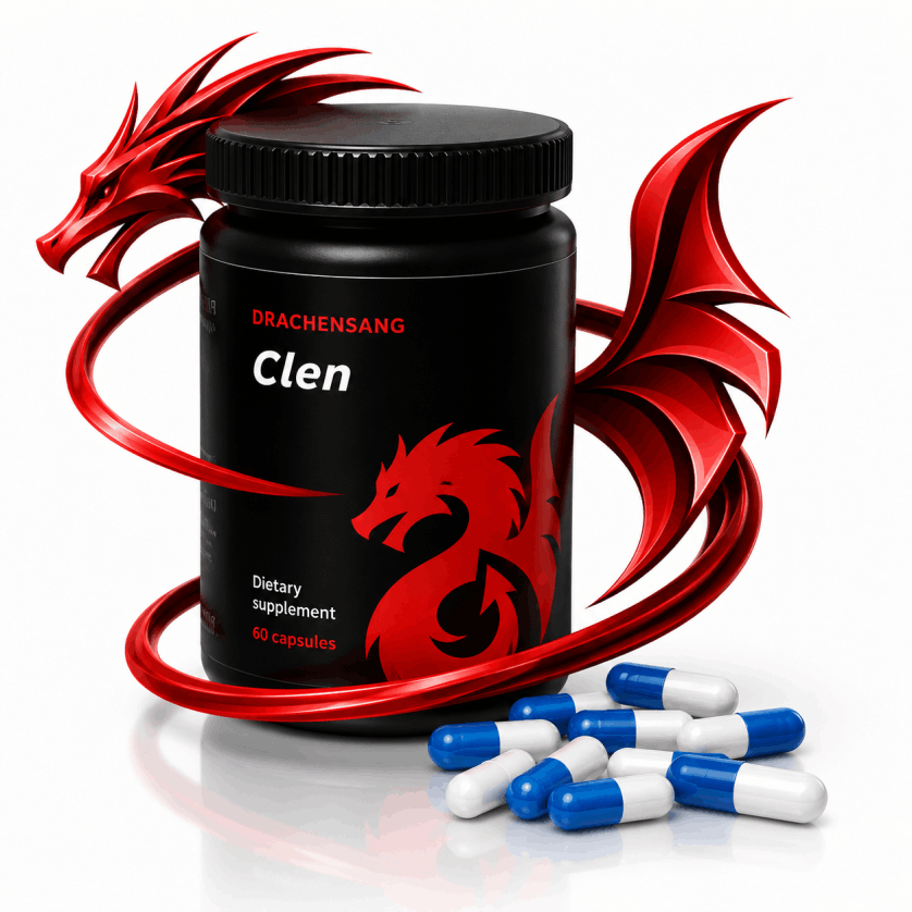 Clen premium supplement formula from Drachensang with a red dragon logo – Plant extract compound with niacin and caffeine for targeted sports nutrition evaluation