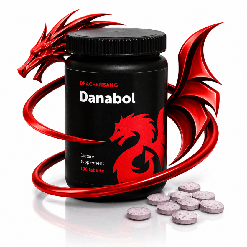 Danabol premium supplement formula from Drachensang with a red dragon logo – Advanced mass formula with zinc and herbal extracts for physiological sports science evaluation