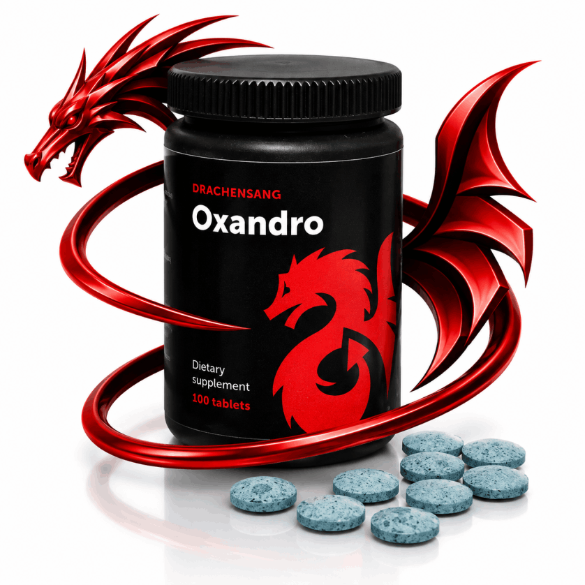 Oxandro premium supplement container from Drachensang with a red dragon logo – Advanced formula with essential minerals and herbal complexes for professional sports nutrition evaluation