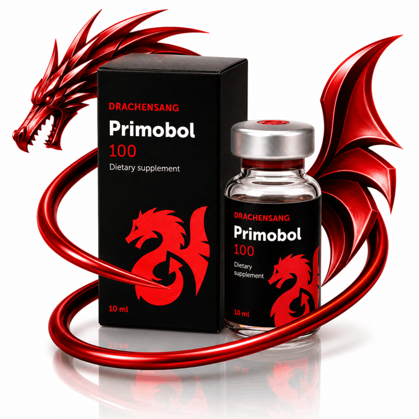 Primobol 100 premium supplement container from Drachensang with a red dragon logo – High-purity formula with mineral activators and herbal complexes for professional sports nutrition evaluation