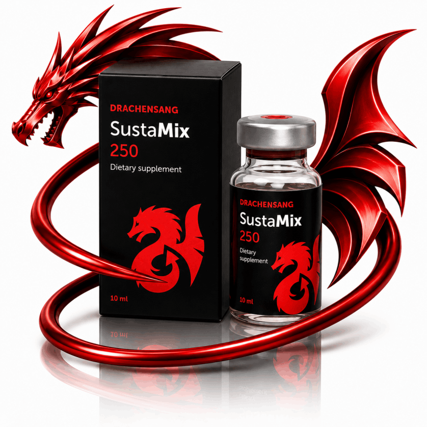 Susta Mix 250 premium supplement container from Drachensang with a red dragon logo – Advanced multi-component fluid formula with trace minerals and activators for targeted sports nutrition evaluation