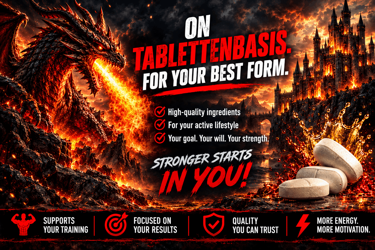 Illustrative red fire dragon as a strategic brand symbol on the Drachensang Academy international homepage, marking the educational section for oral formulation research, compound characteristics, and biochemical science data.