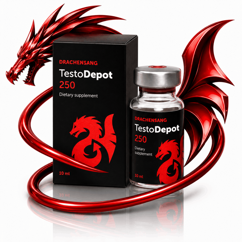 Testo Depot 250 premium supplement container from Drachensang with a red dragon logo – High-concentration fluid formula with zinc and mineral co-factors for targeted sports nutrition evaluation