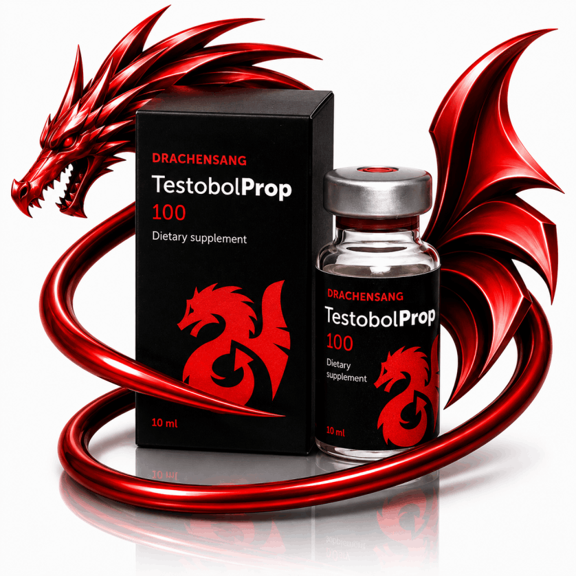 Testobol Prop 100 premium supplement container from Drachensang with a red dragon logo – Fast-acting fluid formula with zinc and mineral activators for targeted sports nutrition evaluation
