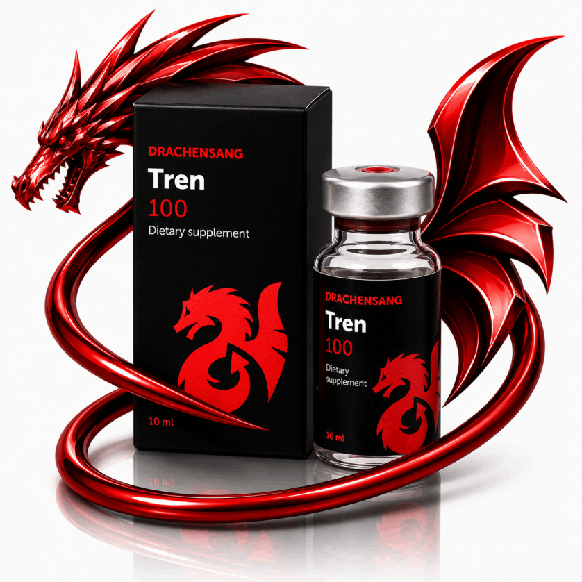 Tren 100 premium supplement container from Drachensang with a red dragon logo – High-purity fluid formula with specific mineral activators and co-factors for targeted sports nutrition evaluation