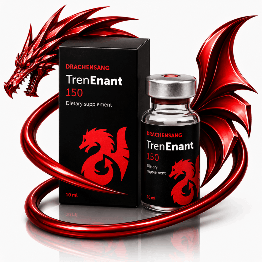 Tren Enant 150 premium supplement container from Drachensang with a red dragon logo – Long-acting fluid formula with zinc and tactical co-factors for targeted sports nutrition evaluation
