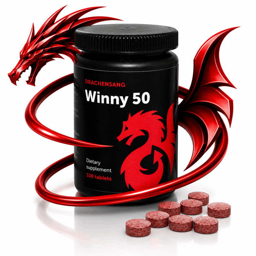 Winny 50 premium supplement container from Drachensang with a red dragon logo – Plant extract compound with specific minerals for targeted conditioning and sports nutrition evaluation