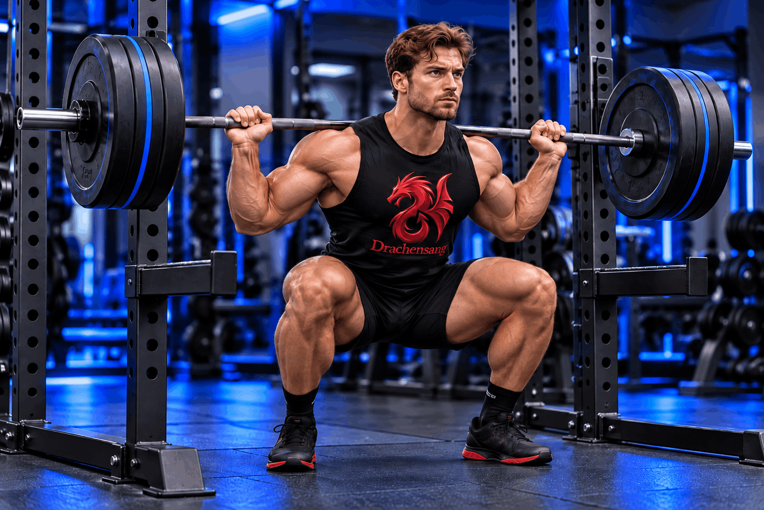 Muscular athlete performing a barbell back squat in a modern gym with Royal Blue lighting – leg strength training at Drachensang Academy International.