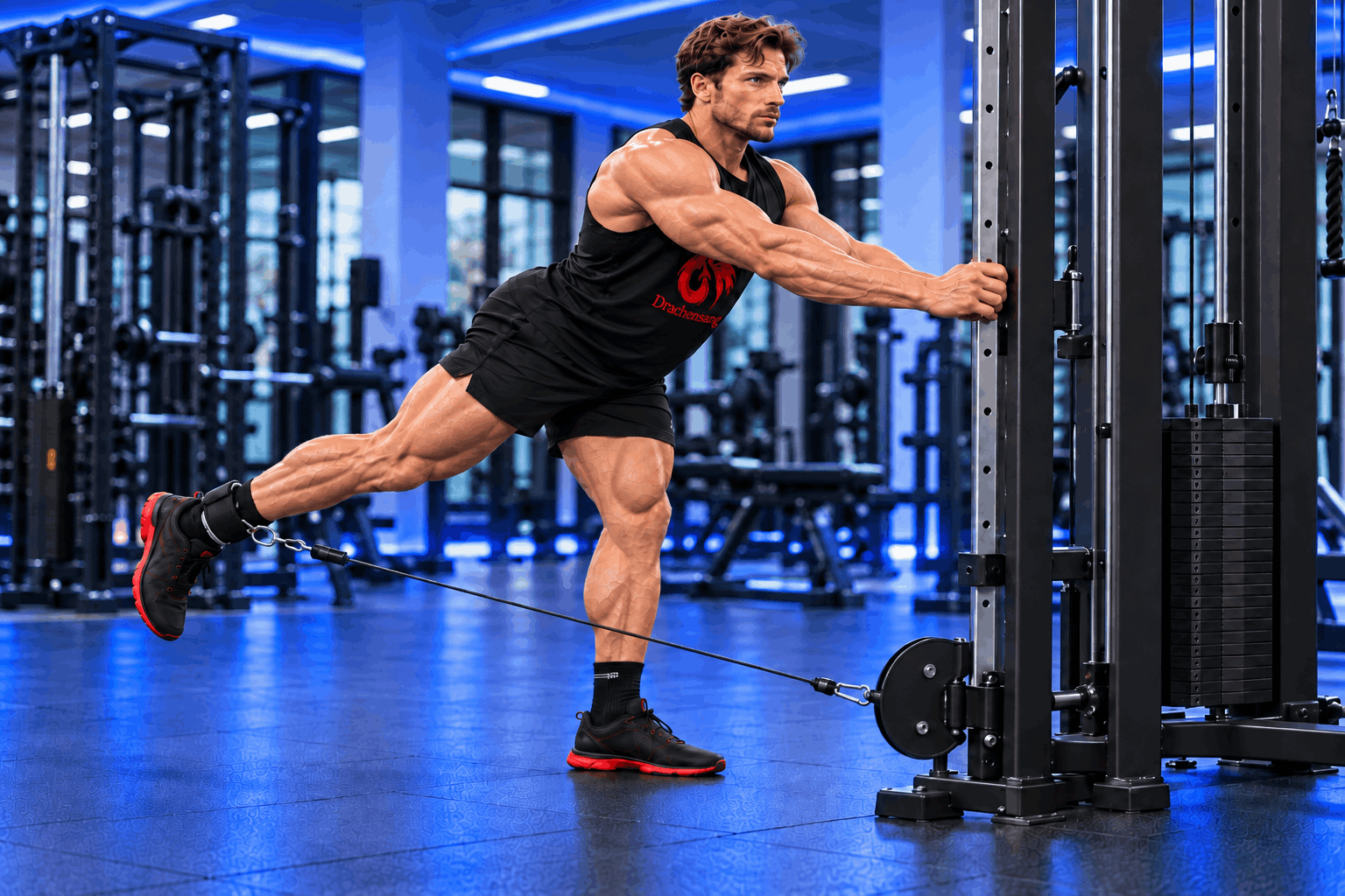 Muscular athlete performing a cable glute kickback in a modern gym with Royal Blue lighting – cable leg exercises at Drachensang Academy International.