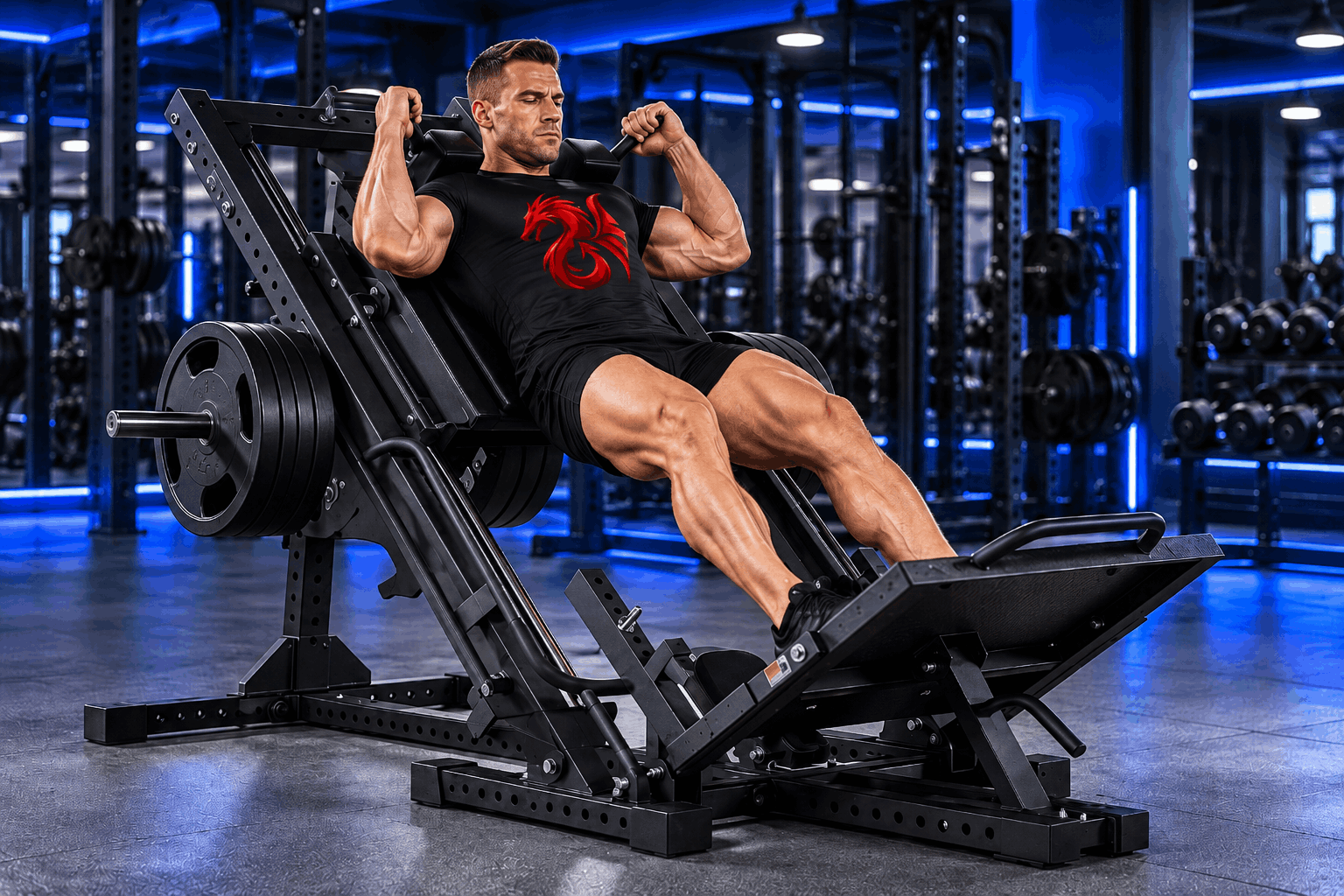 Leg exercises for muscle growth and strength – muscular athlete training on a leg press machine at Drachensang Academy International.