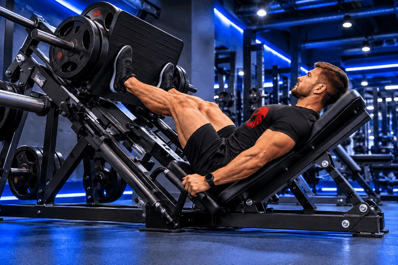 Muscular athlete performing a leg press on a gym machine with Royal Blue lighting – machine-based leg training at Drachensang Academy International.