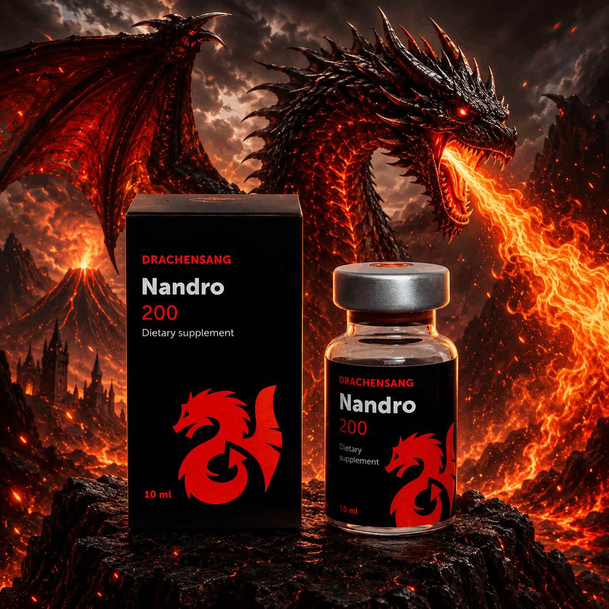Nandro 200 premium supplement container from Drachensang with a red dragon logo – High-purity formula with specific mineral complexes and herbal activators for targeted sports nutrition evaluation