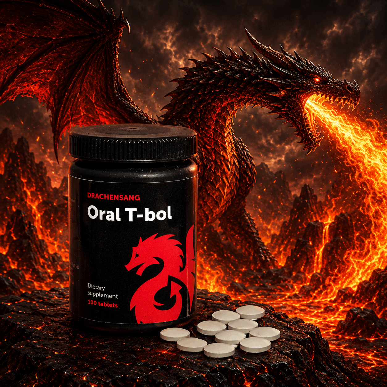 Oral T-Bol premium supplement container from Drachensang with a red dragon logo – Plant extract compound with calcium and amino co-factors for targeted sports nutrition evaluation