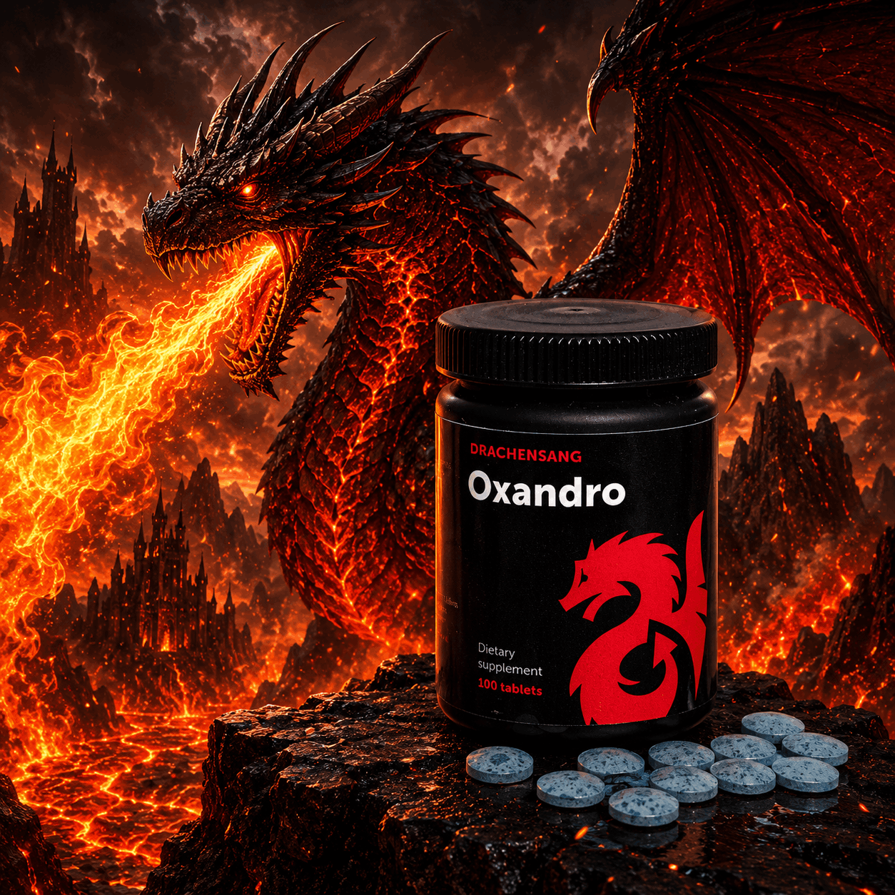 Oxandro premium supplement container from Drachensang with a red dragon logo – Advanced formula with essential minerals and herbal complexes for professional sports nutrition evaluation