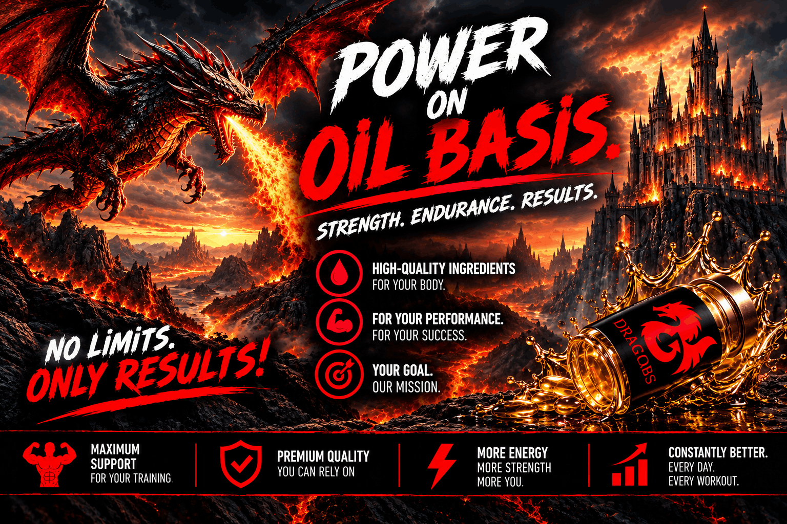 Graphic element of a flaming dragon on the Drachensang Academy global platform, providing a visual boundary for the advanced sports nutrition sector regarding ultra-pure oil-based recipes and certified batch purity evaluations.