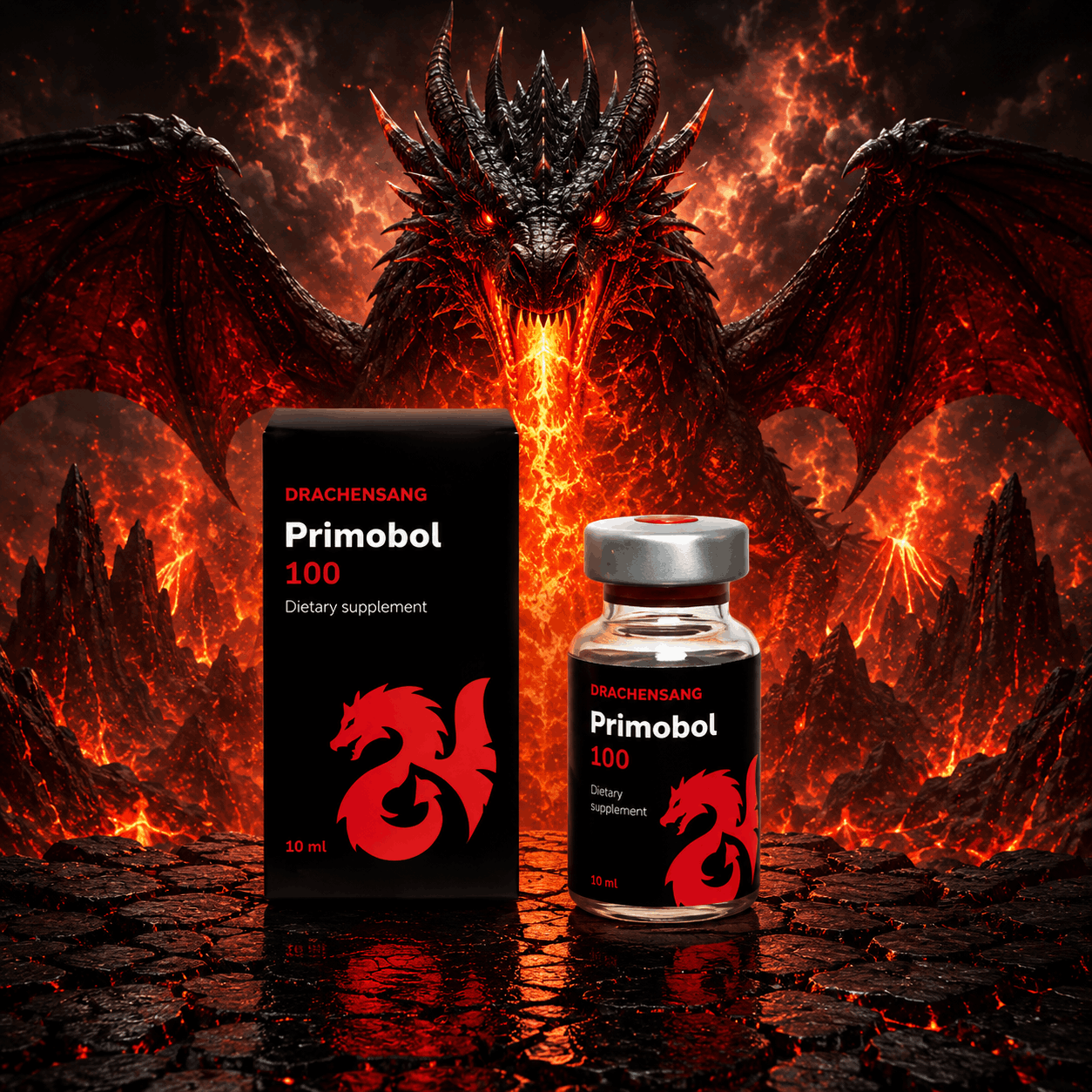 Primobol 100 premium supplement container from Drachensang with a red dragon logo – High-purity formula with mineral activators and herbal complexes for professional sports nutrition evaluation