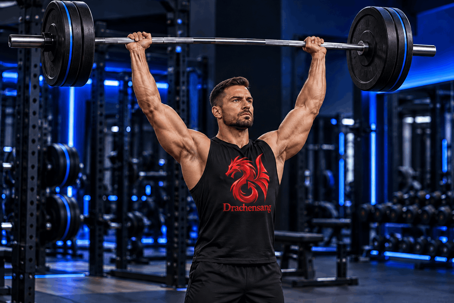Muscular athlete performing a standing barbell overhead press in a modern gym with Royal Blue lighting – shoulder training at Drachensang Academy International.