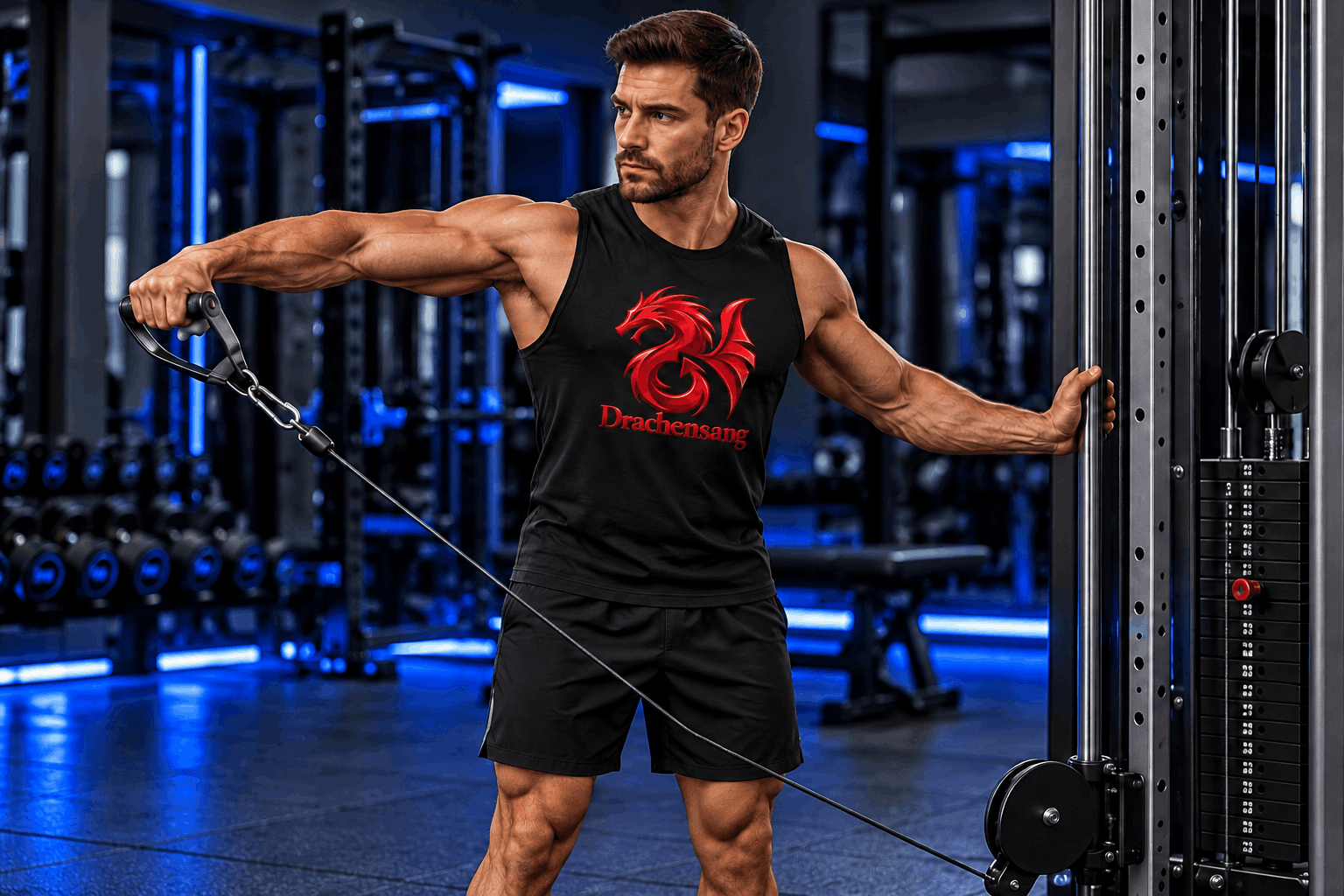 Muscular athlete performing a single-arm cable lateral raise in a modern gym with Royal Blue lighting – shoulder training at Drachensang Academy International.