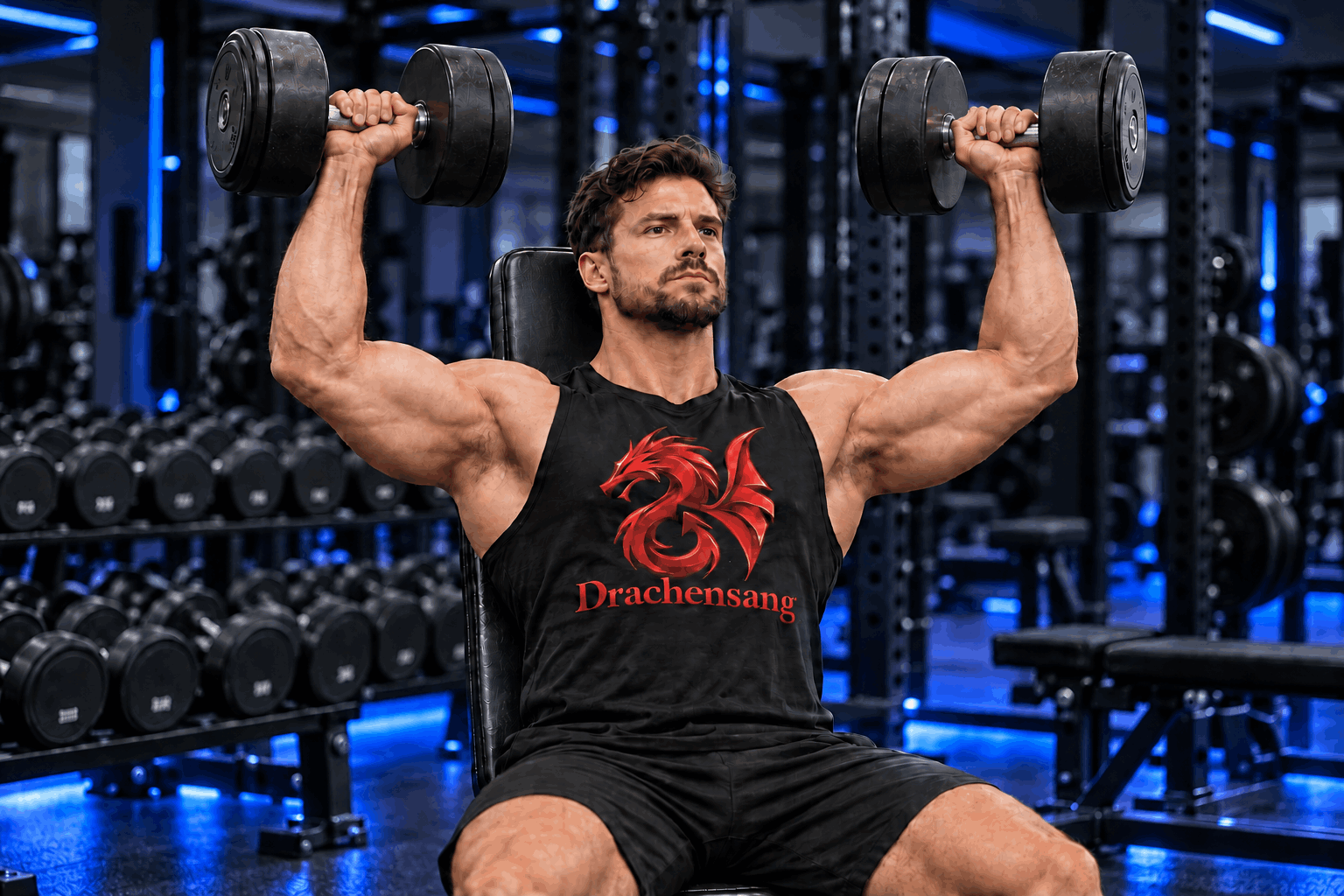 Muscular athlete performing a seated dumbbell shoulder press in a modern gym with Royal Blue lighting – shoulder training at Drachensang Academy International.